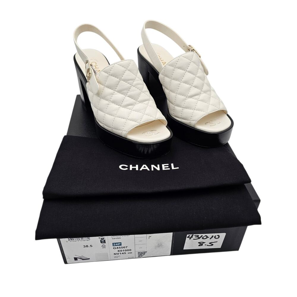 Chanel CC White Quilted Leather Heel Platform Slingback Sandal Size 38.5 7.5 8 - Picture 2 of 15